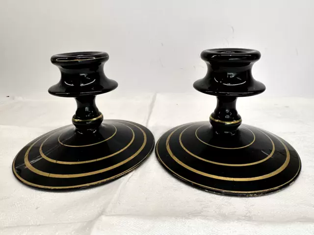 Set of 2 - VTG Fostoria Ebony Black Glass Candlestick Holders with Gold Details