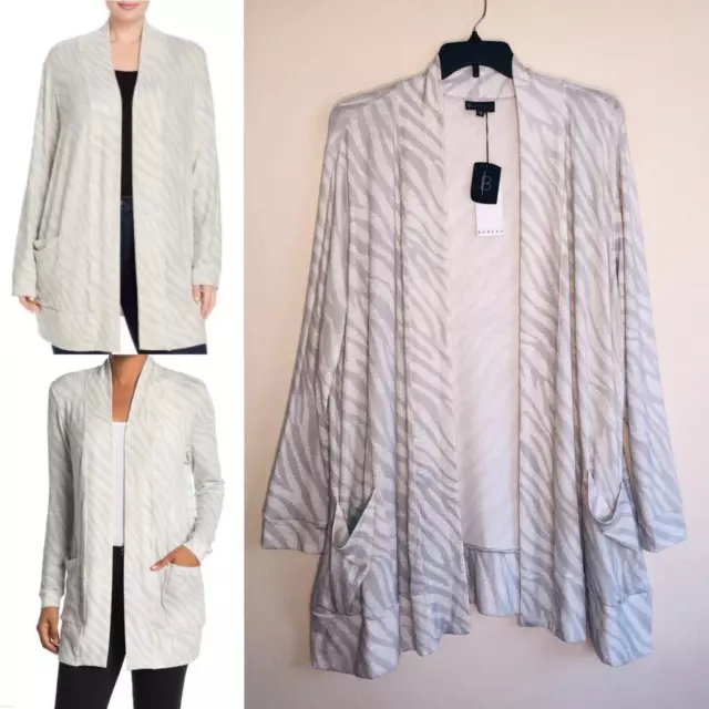 BOBEAU Soft Light Gray Zebra Print Open Front Plus Size Long Pocket Cardigan 2X