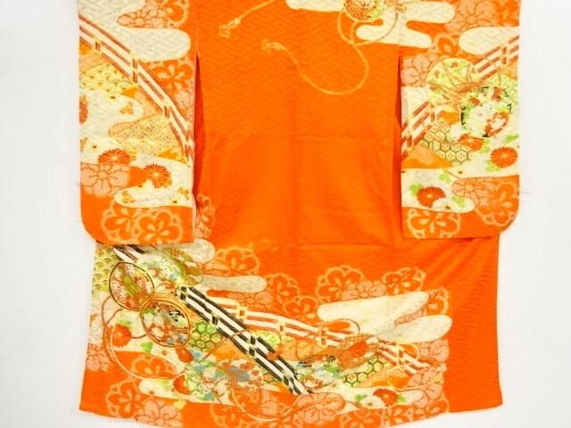 97656# Japanese Kimono / Antique Kimono For Girls / Embroidery / Drum With Flowe
