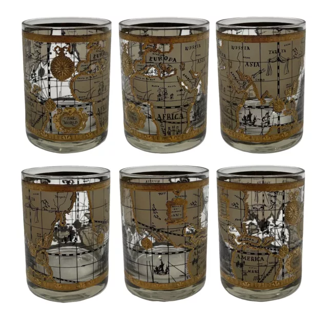 (6) VTG Mid Century Cera 22K Gold World Atlas Maps Double Old Fashioned Glasses