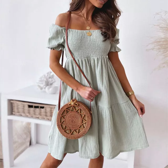 Girls Summer Off Shoulder Ruffles Short Sleeve Mini Dress Casual Swing Dress