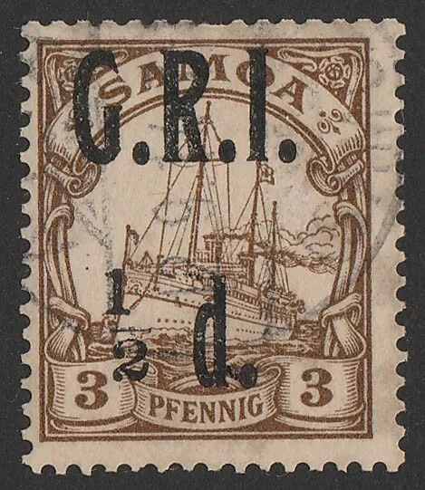 SAMOA 1914 'GRI 2½d' on Yacht 3pf brown, variety '1 to the left of 2'.