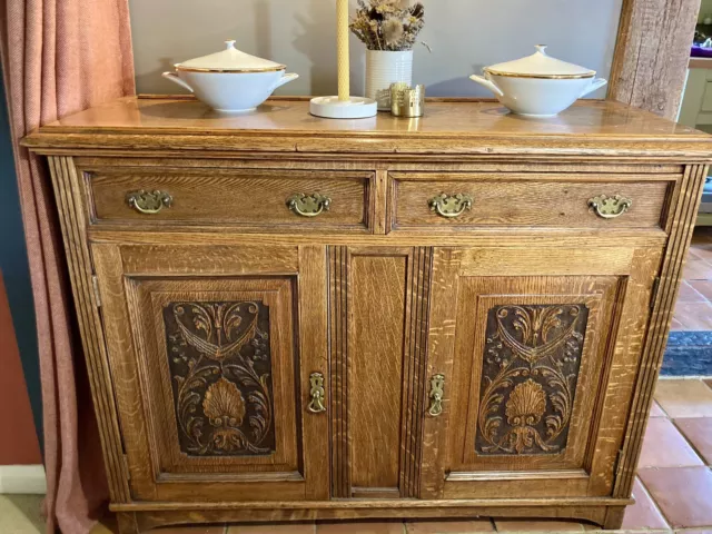 Antique Arts And Crafts Oak Sideboard Cupboard Dresser Golden Carved Vintage
