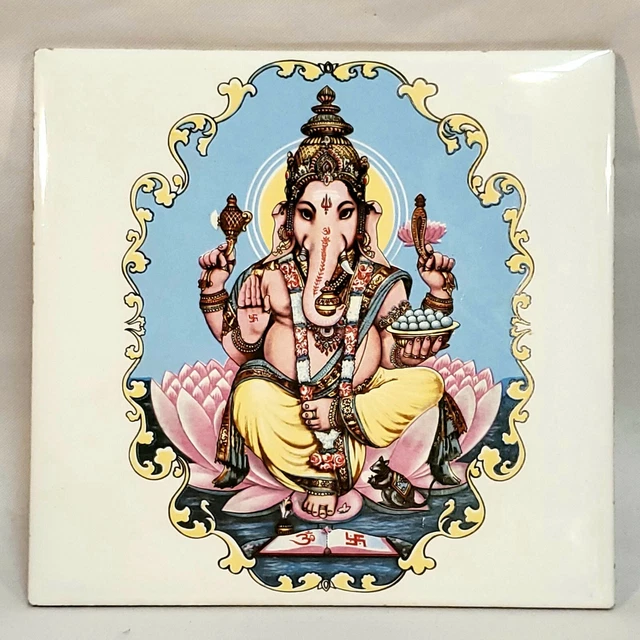 Vintage Tile Ceramic Porcelain Lord Ganesha Collectibles Hindu Mythology 6x6