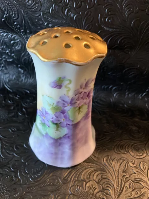 R S  Germany Hand Painted Violets Porcelain Gold Gilded Muffineer