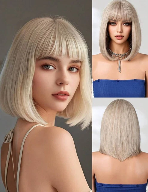 Perruque Synthétique Femme Blonde Cendrée Courte Lisse Avec Frange - Bonnet Moyen, Résistante à La Chaleur - Neuf