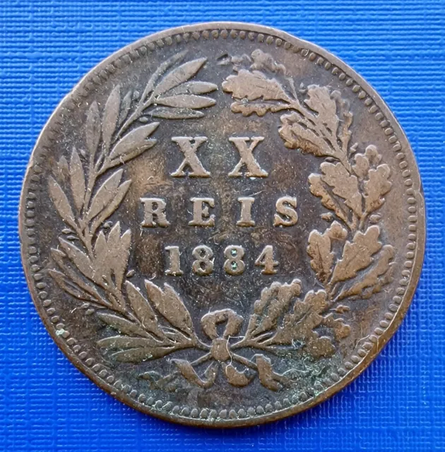 1884 Portugal 20 Reis Coin, Luiz I, KM#527, Bronze 12g, VF, A1011