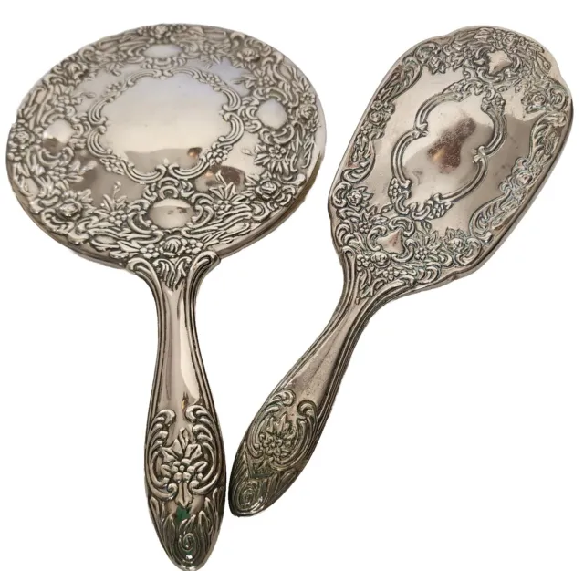Art Nouveau Style Silver Plated Mirror & Brush Boudoir Dressing Table Set 1950's