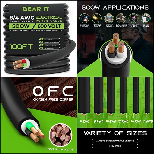 8/4, 8 AWG Portable Power Cable 100 Feet 4 Conductor 600V 8 Gauge Electric Wire