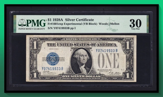 Fr. 1601exp 1928A $1 Silver Certificate Experimental (YB Block) PMG 30 VF