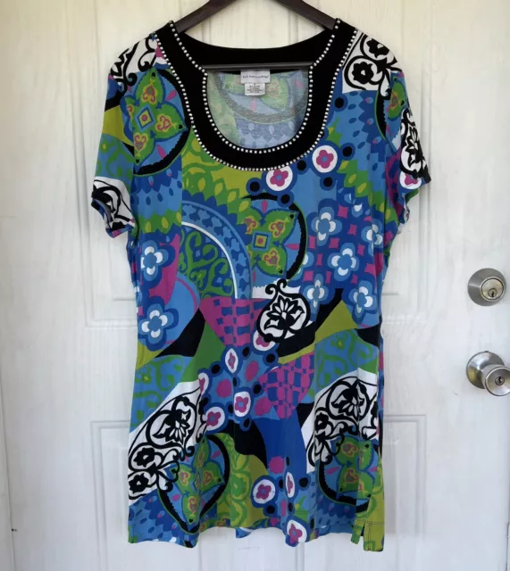 Vintage Soft Surroundings Womens Colorful Bedazzled Tunic Top 2X Blue Abstract