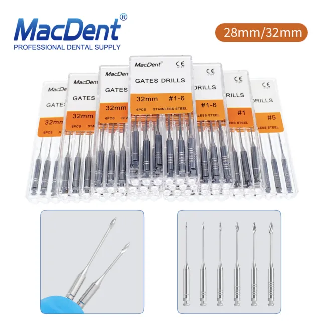 6 Pcs MacDent Dental Gates Glidden Drills SST Endodontic Root Canal 28/32mm #1-6