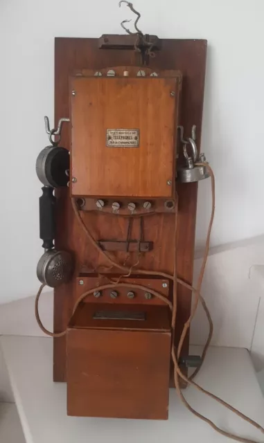 Rare Ancien Téléphone Mural En Bois À Manivelle Société Industrielle Téléphone