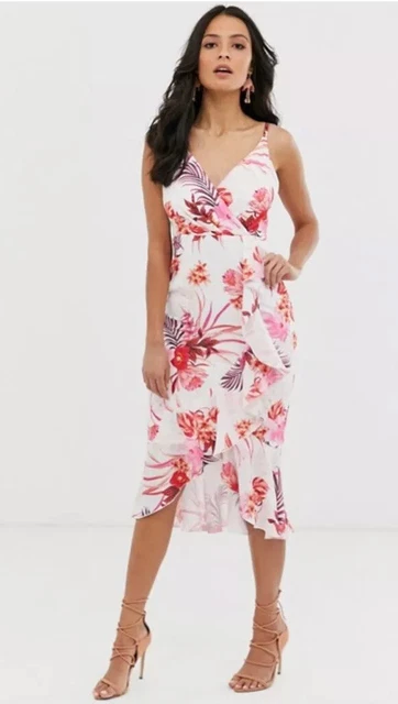 NEW LIPSY SIZE 10 White Cami Waterfall Frill Floral Print Midi