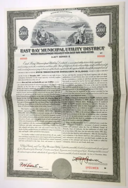 CA. East Bay Municipal Utility District, 1963 $5,000 Specimen 3.40% Coupon Bond