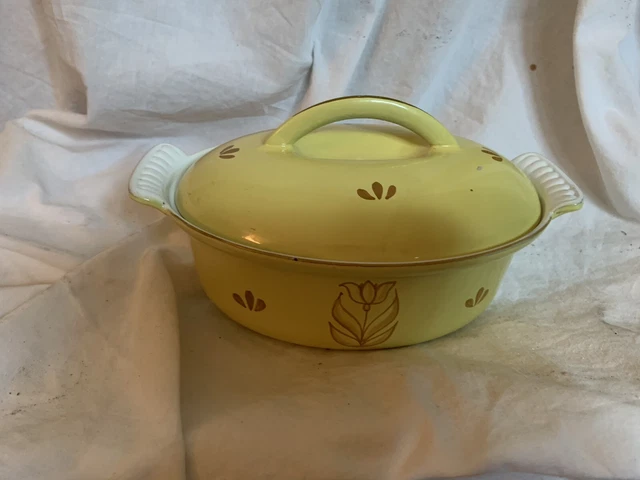 Vtg DRU Holland Cast Iron Yellow Enamel Tulip Oval Cassole Dish w/Lid Pot 20