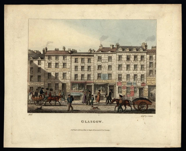 Glasgow Scotland street scene Tobacconist hotel horse carts 1825 aquatint print