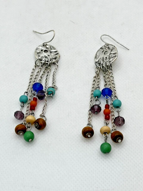 Silver-plated Beaded Boho multi colored Waterfall Dangle Earrings