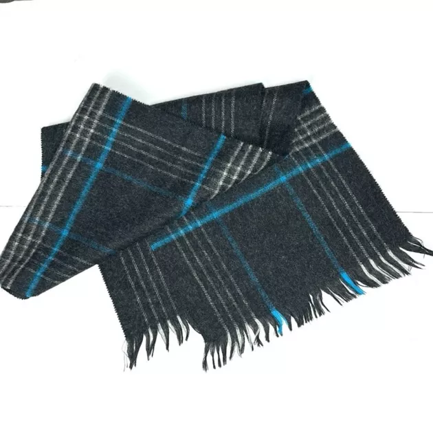 NWT Men’s  Pure Lambswool  Scarf Plaid Charcoal Gray Blue Winter Uruguay made