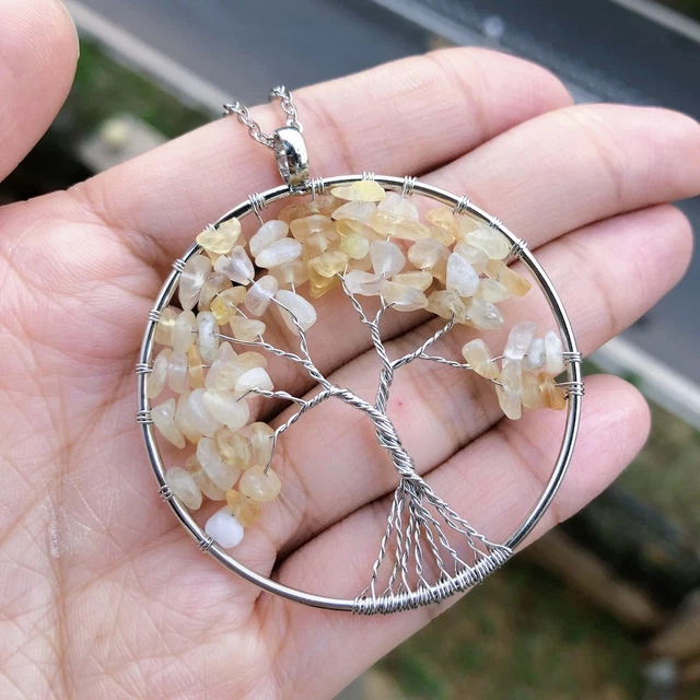 Yellow Quartz Stone Tree Of Life Pendant Necklace Chakra Reiki Healing Amulet
