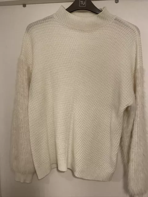 Womens Off White Cream Fluffy Sleeves Sweater Jumper Suggest Fit 12/14 Sized XS