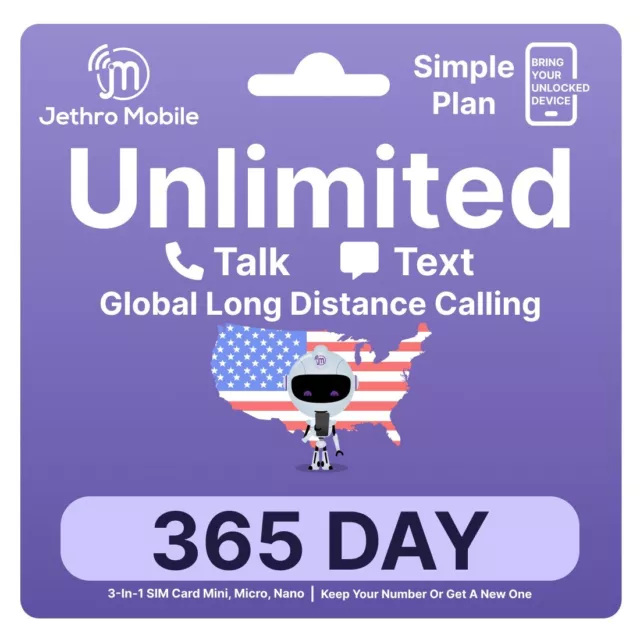 $6.25/Mo Jethro Mobile Sim Card Basic 12 Month Plan - Unlimited Talk & Text