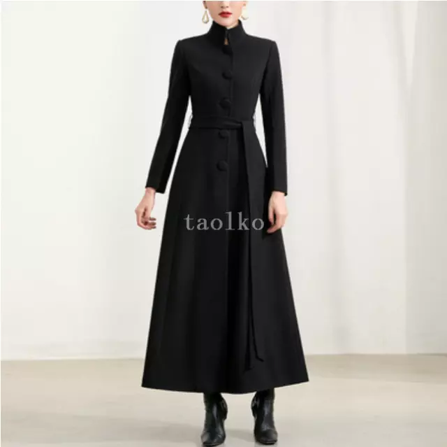 WOMEN'S STAND COLLAR Single Breasted Wool Blend Long Trench Coat Winter ...