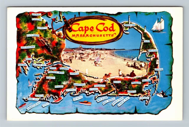 Cape Cod, MA-Massachusetts, Map, Beach, Vintage Postcard