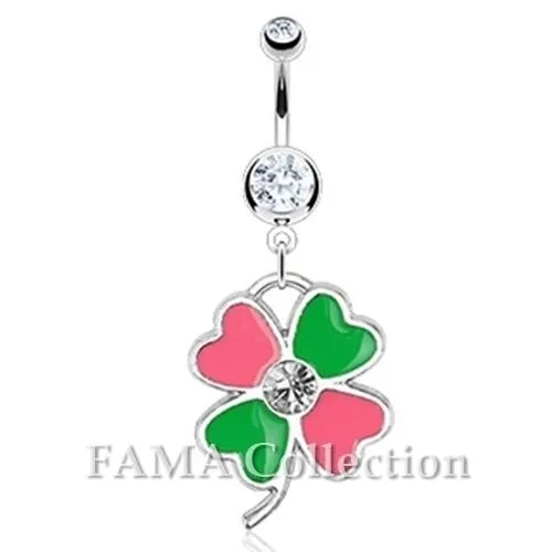 FAMA Pink & Green Lucky Clover Dangle with CZ 316L Surgical Steel Belly Ring
