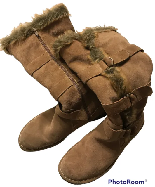 Sonoma Life & Style Size 9 1/2M Tall Boots Suede Leather Faux Fur Women's Tan