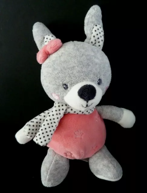 76. Doudou Peluche Tex Baby Lapin Rose Gris Blanc Echarpe Pois Noir Etoile Ttbe
