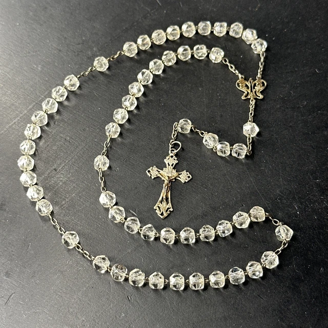 Chapelet Ancien Rare En Argent Massif 925 Avec Boules Nacre Et Croix Reliquaire - XIXe Siècle