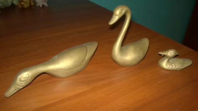 OLD VINTAGE  Solid Brass Set of (3) " SWAN,GOOSE & DUCK" Figurines  KOREA(swan)