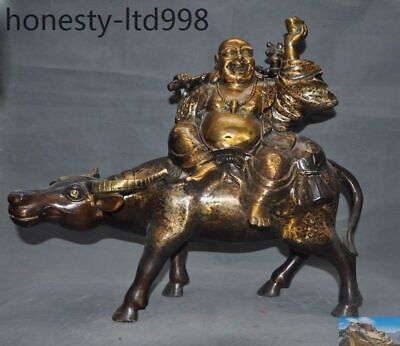 Old Chinese buddhism Bronze gilt ride Ox Bull Happy laugh wealth Maitreya Buddha