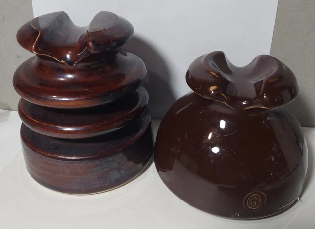 2 Vintage Brown Ceramic Telephone Pole Insulators Locke HI Top & One With B Mark