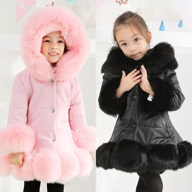 Girls Kids Fur Hooded Long Parka Coats Padded Quilted Winter Coat Jacket Puffer