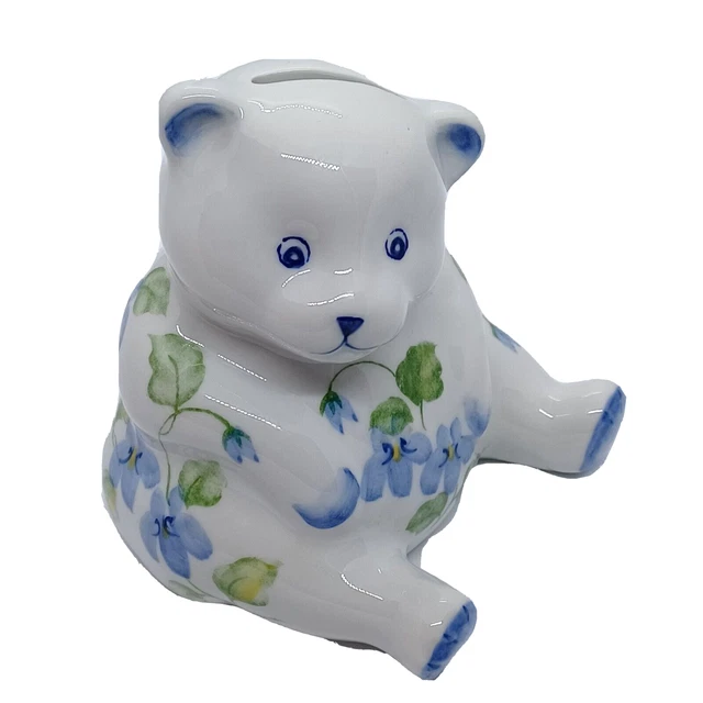 VTG Chubby Teddy Bear Bank Andrea Sadek Porcelain Ceramic Pansies Floral 4.25"