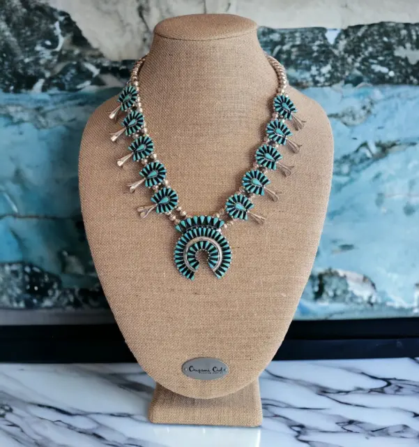 Ben Yazzie Signed Navajo Squash Blossom Necklace .925 Silver Kingman Turquoise