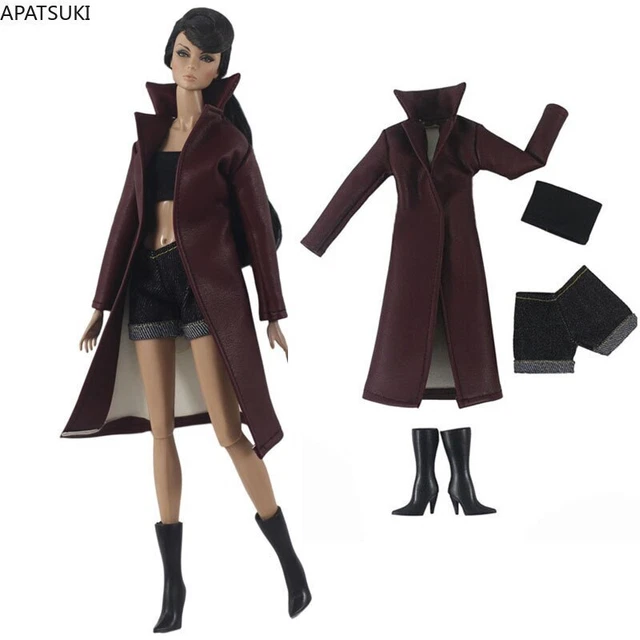 Purple Leather Clothes For Barbie Doll Long Jacket Trenchcoat Top Shorts Boots