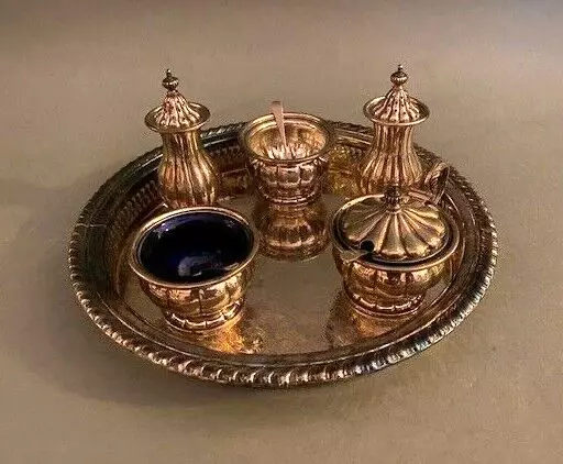 Birk's Canada Sterling Pair of Salts & Pepper Pots + Mustard Pot on S-P Tray