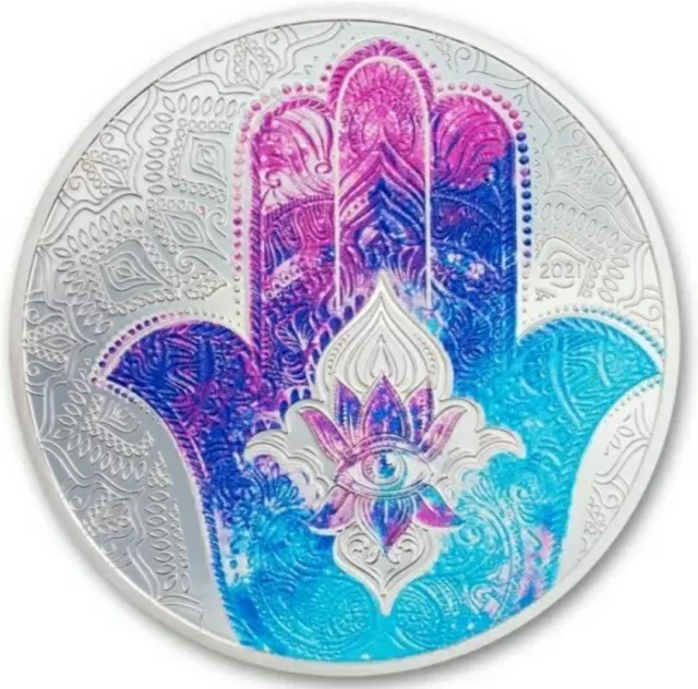 2022 $5 Palau HAND OF HAMSA 1 Oz Silver Proof Colored Coin.