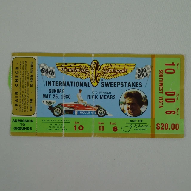 1980 Indianapolis 500 Ticket Stub Credential Southwest Vista Sec 10 Row DD Seat6