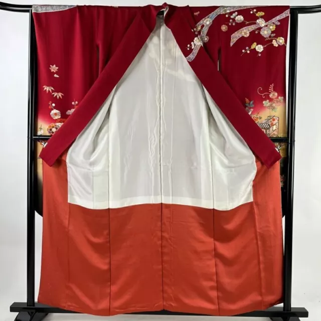 Japanese Kimono Furisode Pure Silk Lined Goshoguruma Flower Foil Red Formal 3