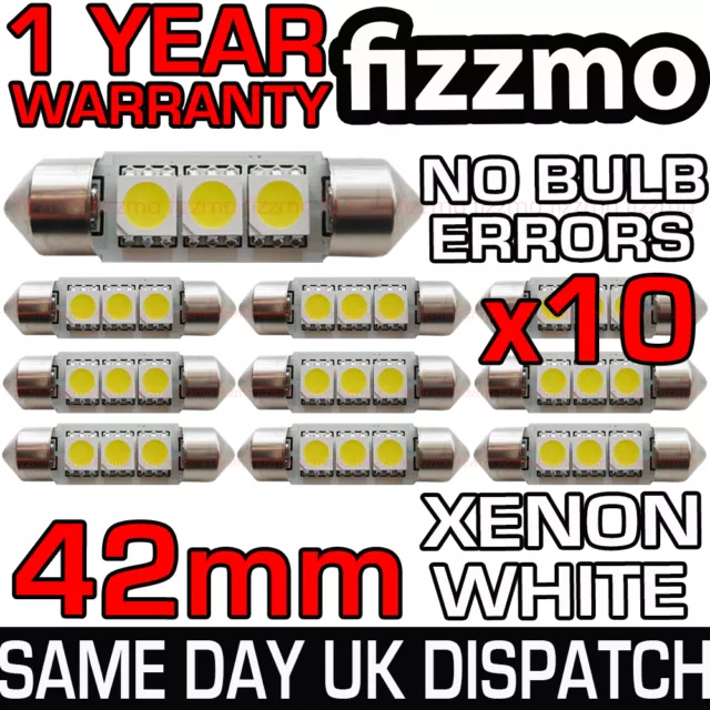 10x 42mm 264 C5W SV8 6000k BRIGHT WHITE 3 SMD LED FESTOON LIGHT BULB ERROR FREE