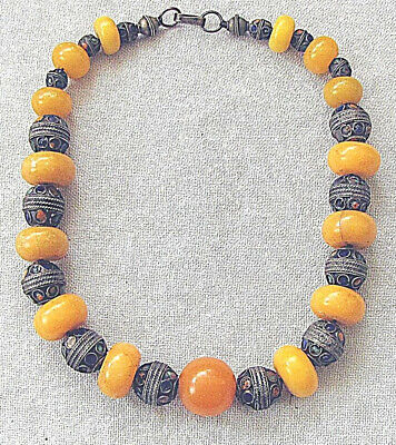 Morocco Antique Berber Tribal Amber and filigree enameled Silver Bead Necklace