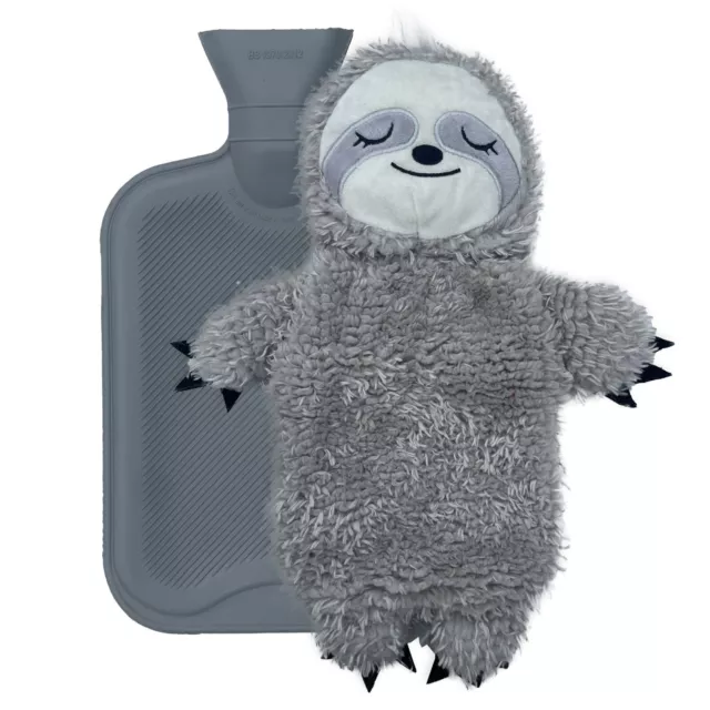 Fluffy Kids Hot Water Bottle with Cover - 1L Mini Hot Water Bag with Sloth Cover