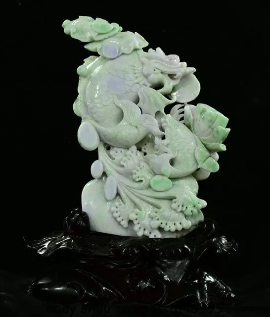 17 "China natürliche Smaragdgrün Jade Jadeit Carving Dragon Fish Lotus Skulptur