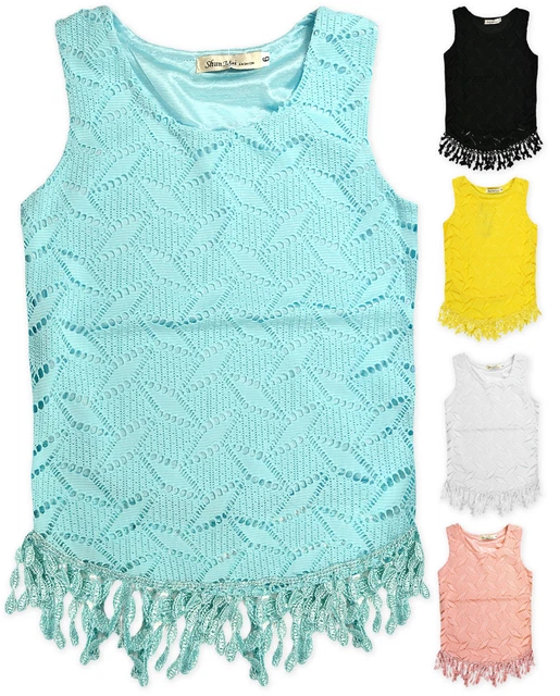 Girls Sleeveless Crochet Top New Kids Summer Tasseled Lace Tee Ages 3-10 Years