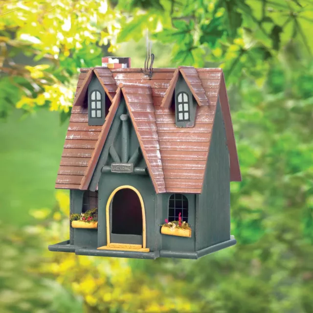 Thatch Roof Storybook Cottage Birdhouse Wood Fairy Patio Yard Garden Bird House
