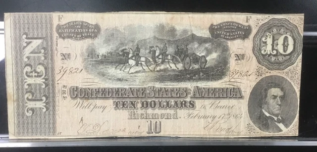 1864-F $10 Ten Dollars Csa Confederate States Of America Richmond Civil War Note